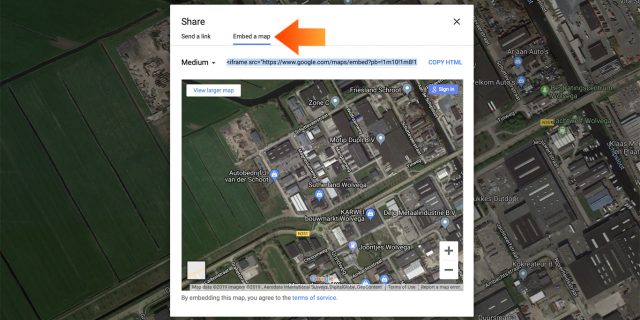3. Kopieer onder 'Embed a map' de html-koppeling.