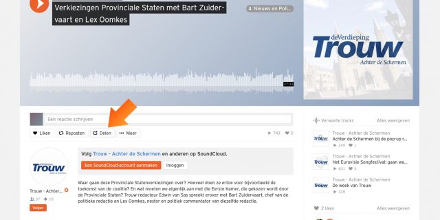 1. Zoek je audiofragment op in Soundcloud en open het menu 'Delen'.