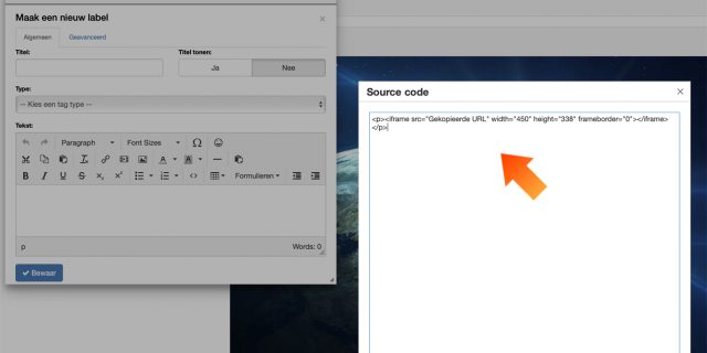 3. Plak de juiste (voorbeeld)code in het venster. Zie hiervoor de beschrijving / afbeelding.