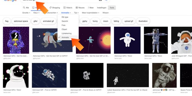 2. Zet 'gif' in je zoekopdracht of specificeer je zoekopdracht via 'Tools > Type > Animatie'.
