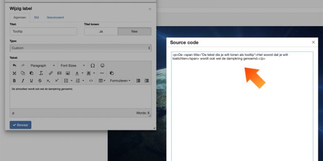 3. Verwijder het woord dat je wilt toelichten en plak de juiste (voorbeeld)code in het venster. Zie hiervoor de beschrijving / afbeelding.
