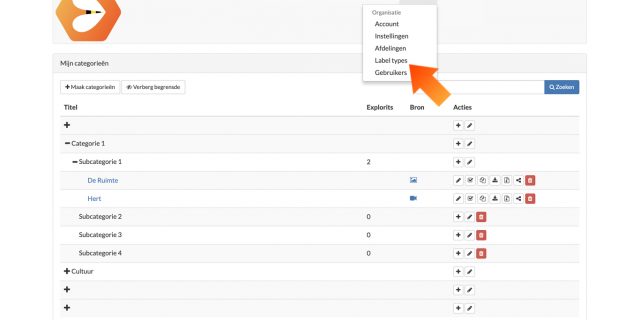 2. Maak op organisatieniveau de label types aan via het organisatie-menu rechtsboven.