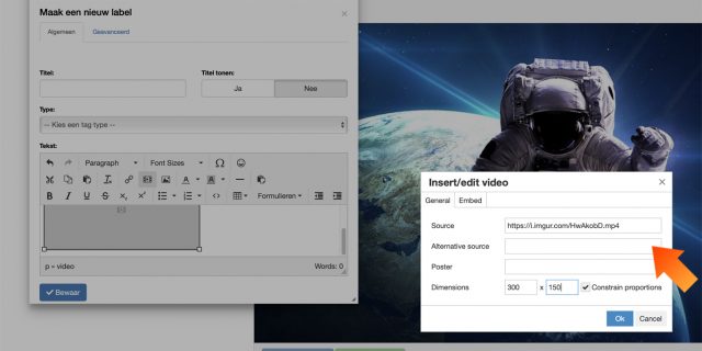 4. Plak de locatie in Explorit via 'Editor-menu' > 'Insert video' > 'Source' en stel de afmetingen in.*